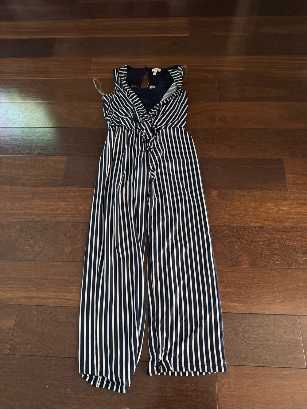 Monteau Navy and White Vertical Stripe Sleeveless Jumpsuit